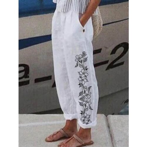 White And Black Floral Loose Casual Pants