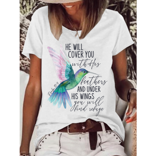 Women's Psalm 91:4 Hummingbird Cotton-Blend Casual Text Letters T-Shirt