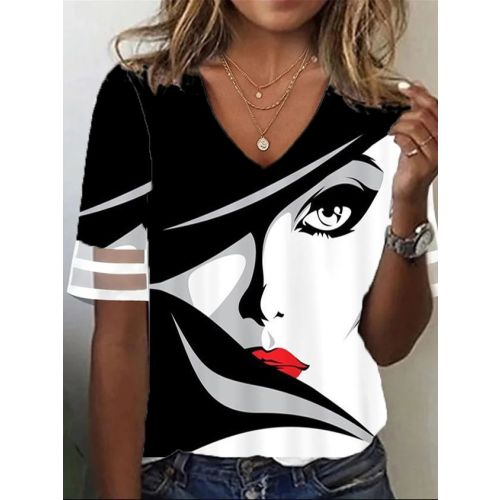 Loose V Neck Abstract Casual T-Shirt