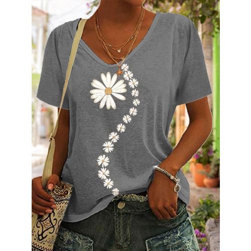 Loose V Neck Casual Floral T-Shirt