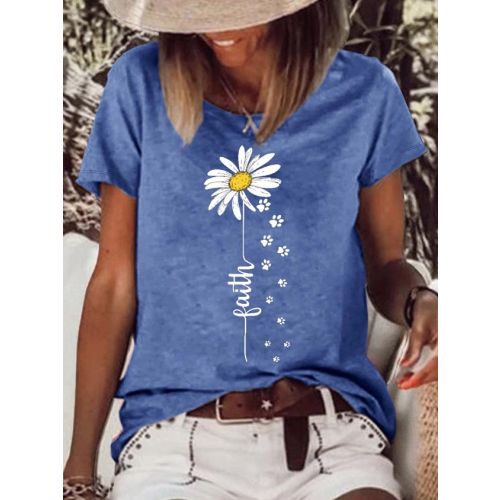 Women's Faith Daisy Paw Print Casual Crew Neck T-Shirt