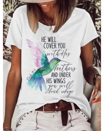 Women's Psalm 91:4 Hummingbird Cotton-Blend Casual Text Letters T-Shirt