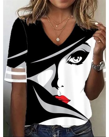 Loose V Neck Abstract Casual T-Shirt