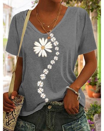 Loose V Neck Casual Floral T-Shirt