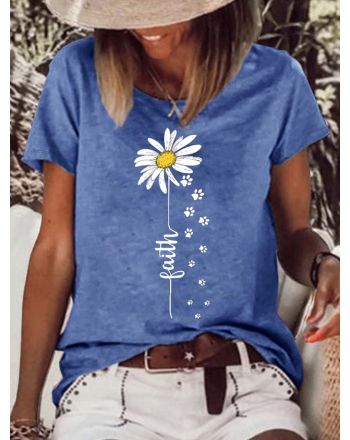 Women's Faith Daisy Paw Print Casual Crew Neck T-Shirt